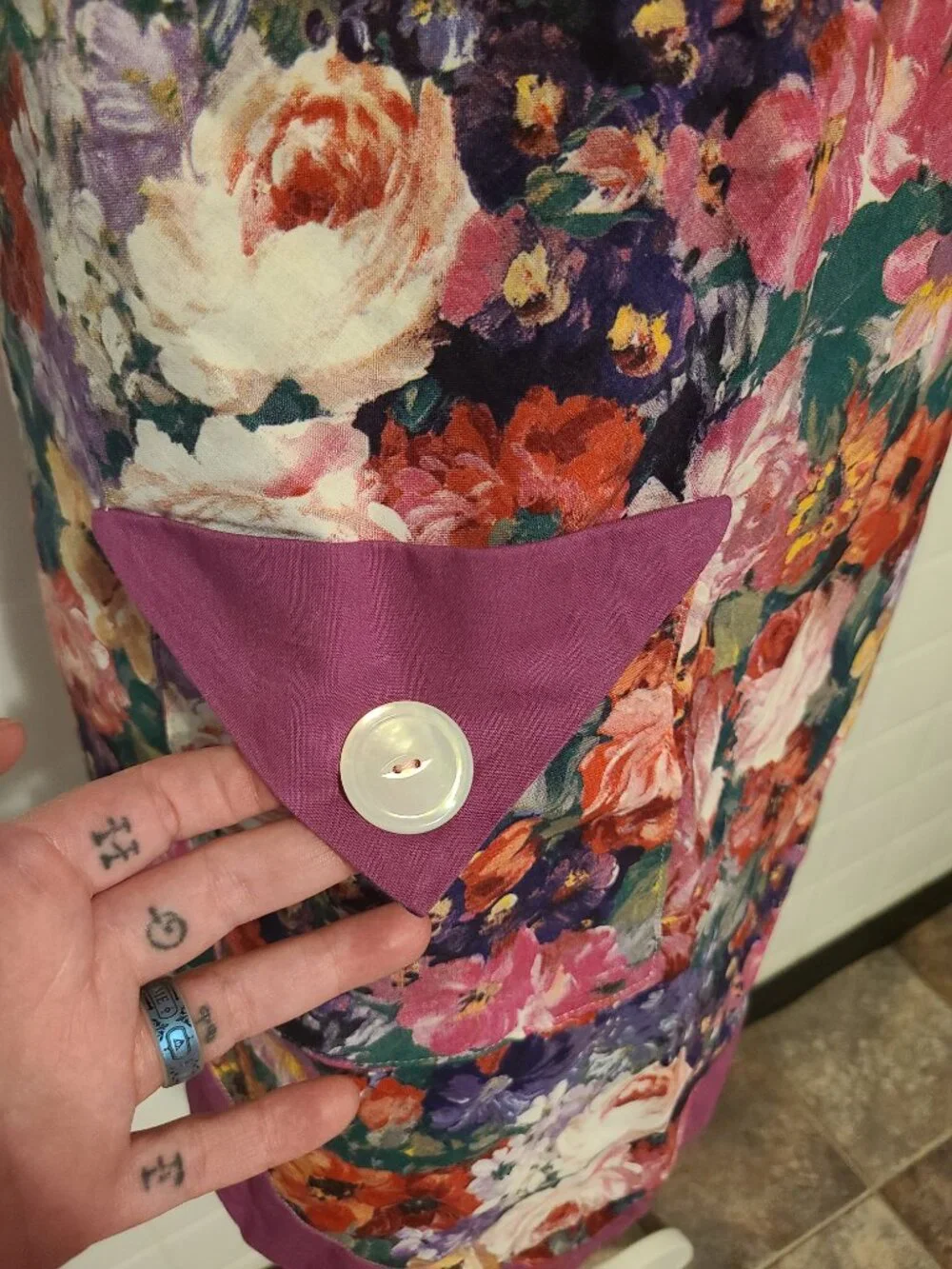 Vintage Handmade Colorful Purple Button Floral Apron Artist Baking Cottagecore